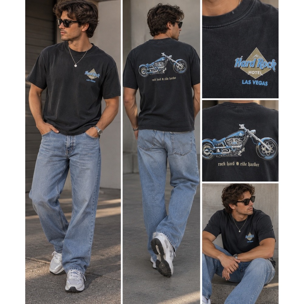 Vintage Hard Rock Hotel Las Vegas Motorcycle T-Shirt Black Rock Hard Ride Harder